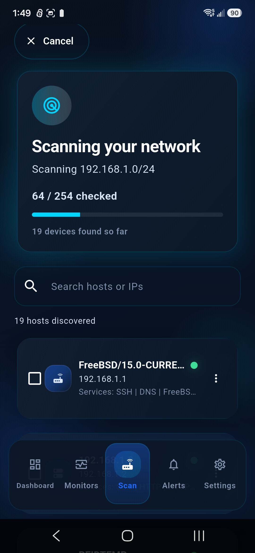 UptiLink LAN scan in progress while local devices are discovered